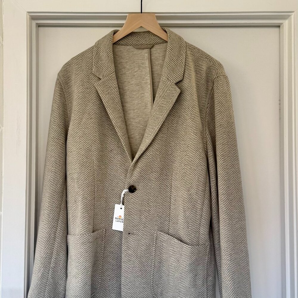 NWT!!! Marine Layer Pacifica Stretch Twill Blazer Taupe Herringbone - Large